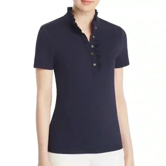 Tory Burch Emily Ruffle Polo Navy Shirt Size XS - Picture 2 of 6